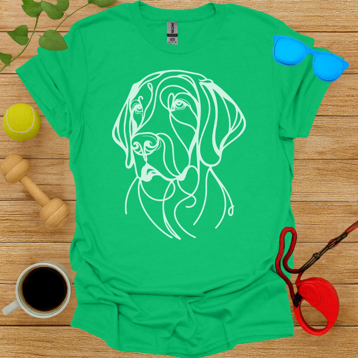 Green T-Shirt with Abstract Dog Line Art T-Shirt