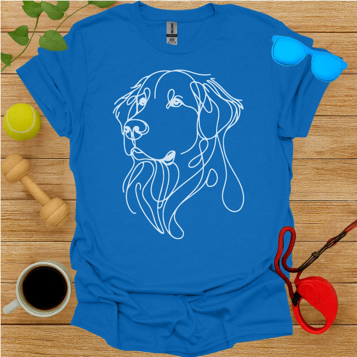 Vibrant Blue Shirt with Artistic Dog Line Drawing Design