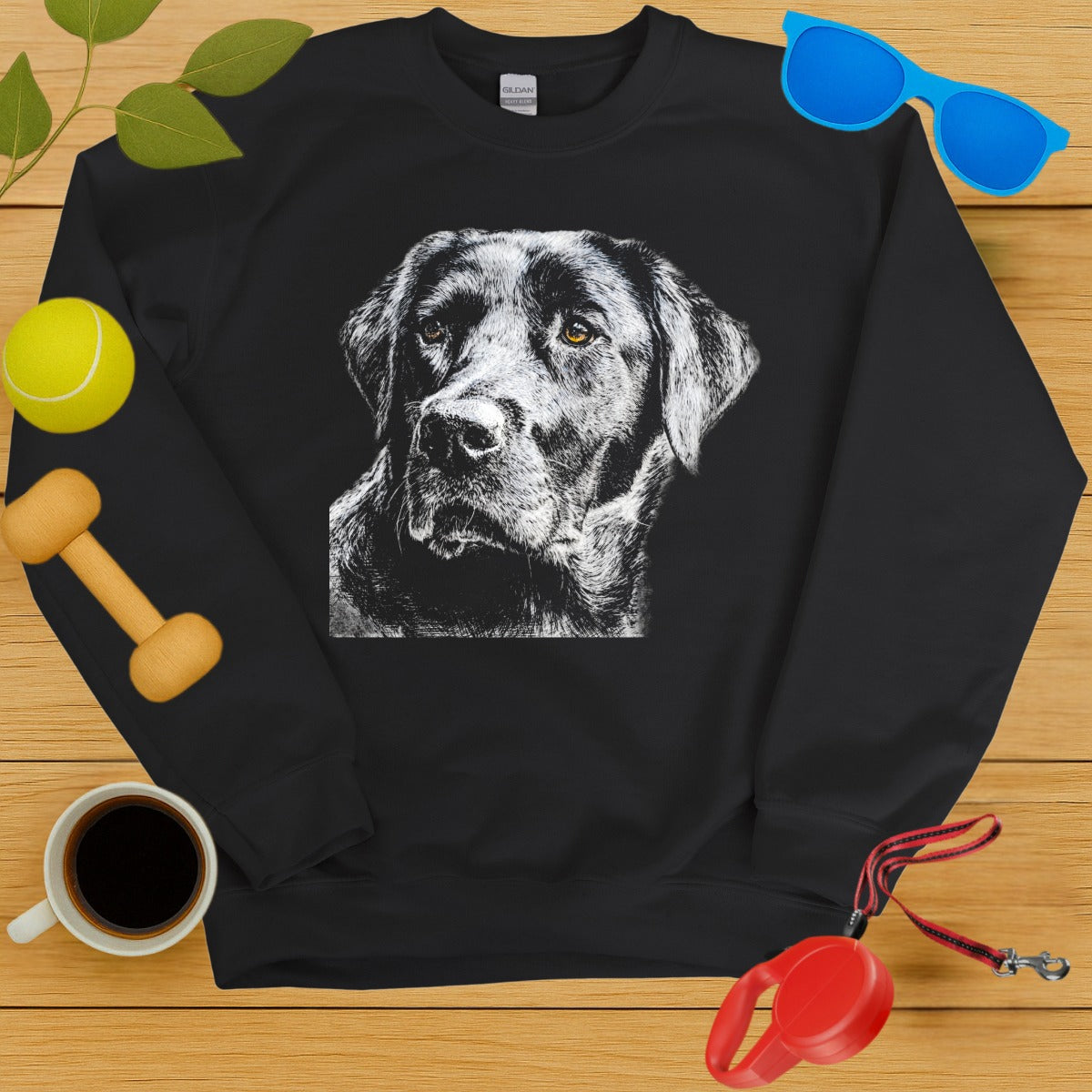 Realistic Dog Illustration Print on Black Sweatshirt