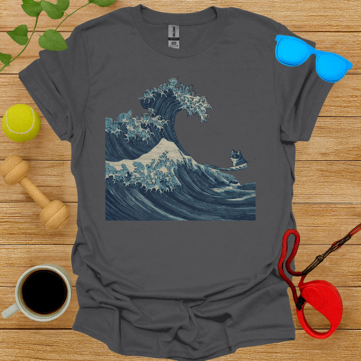 Stunning Wave Design with Playful Cat Graphic Shirt