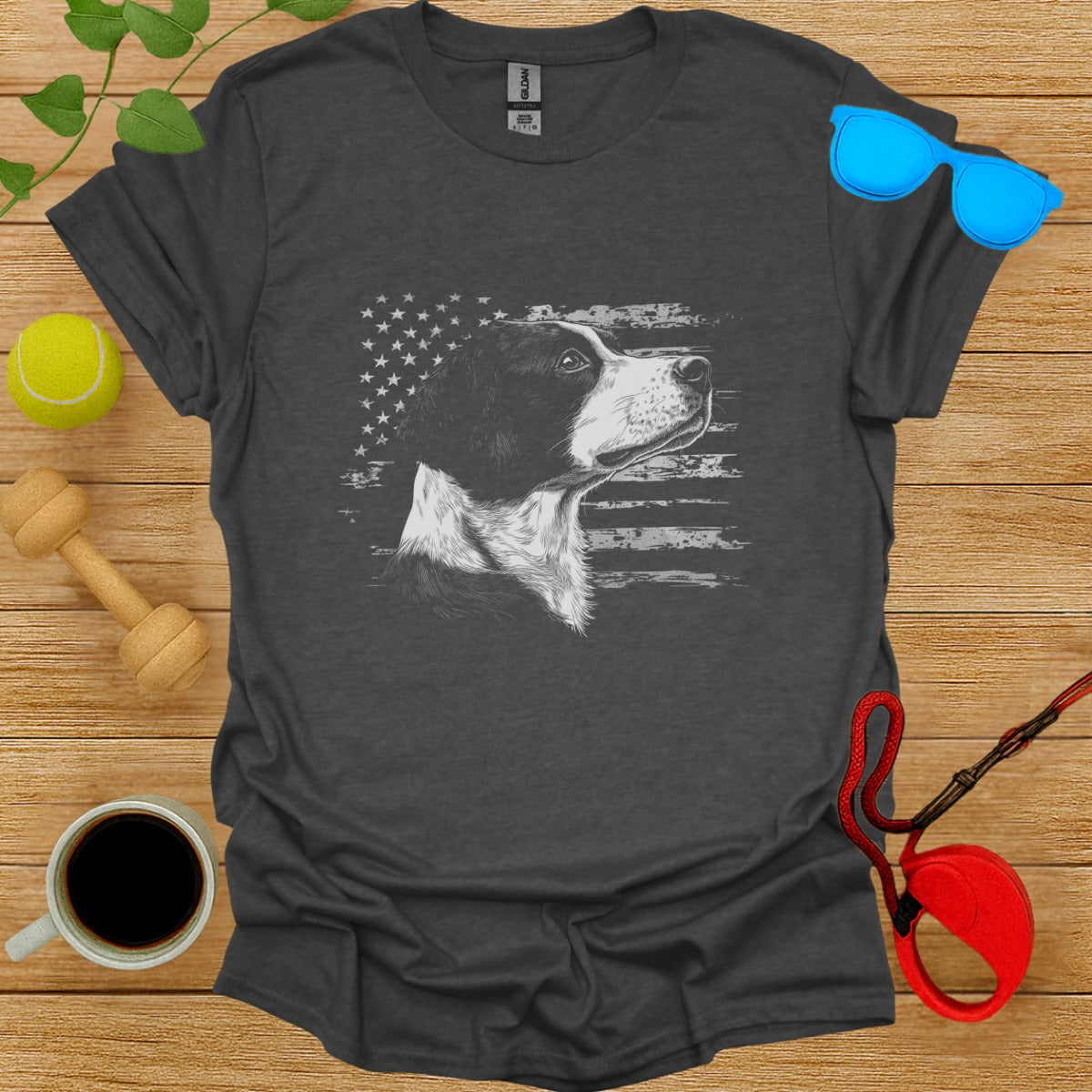 Patriotic Dog Graphic Tee With American Flag Design