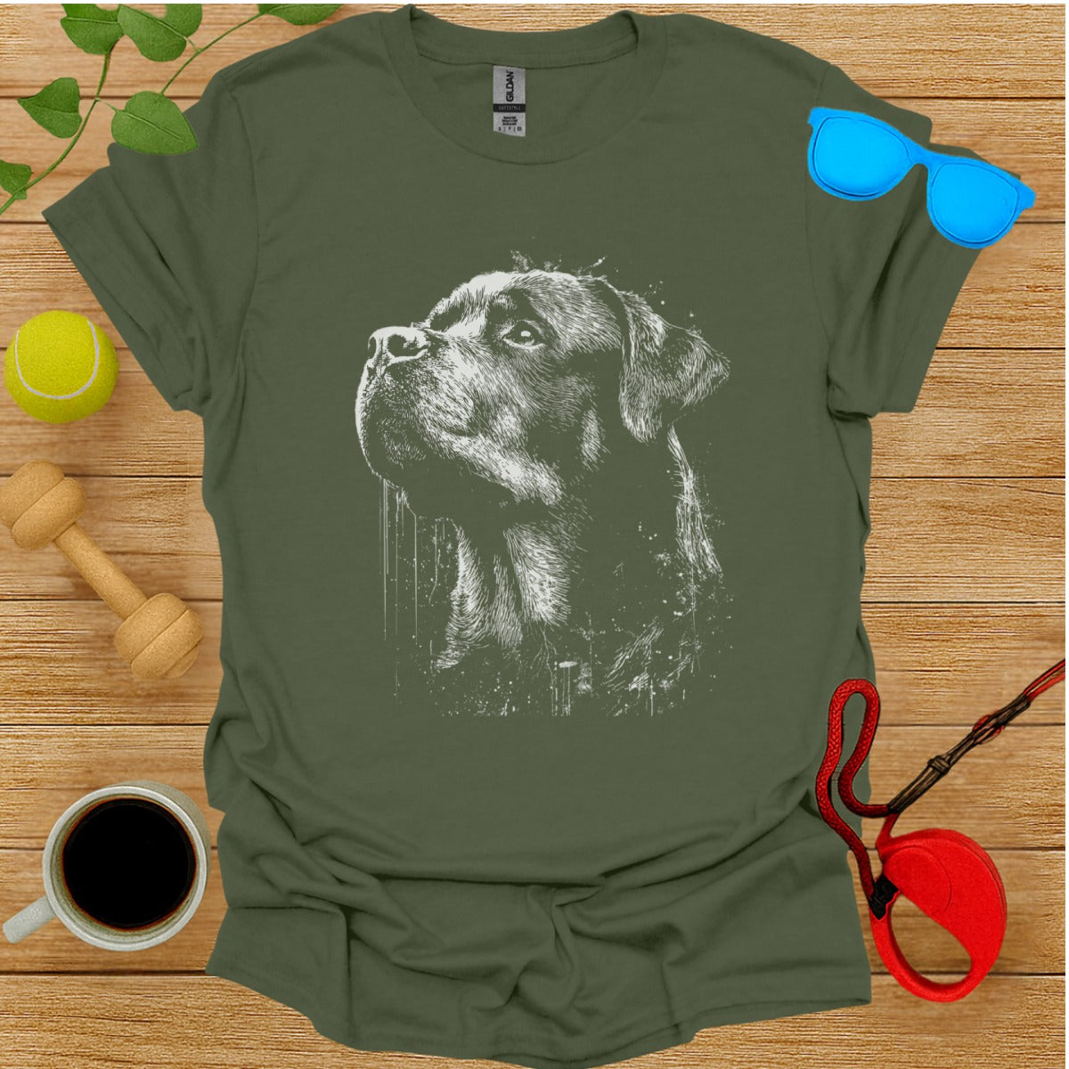Majestic Dog Sketch Artistic Design on Green Tee Shirt