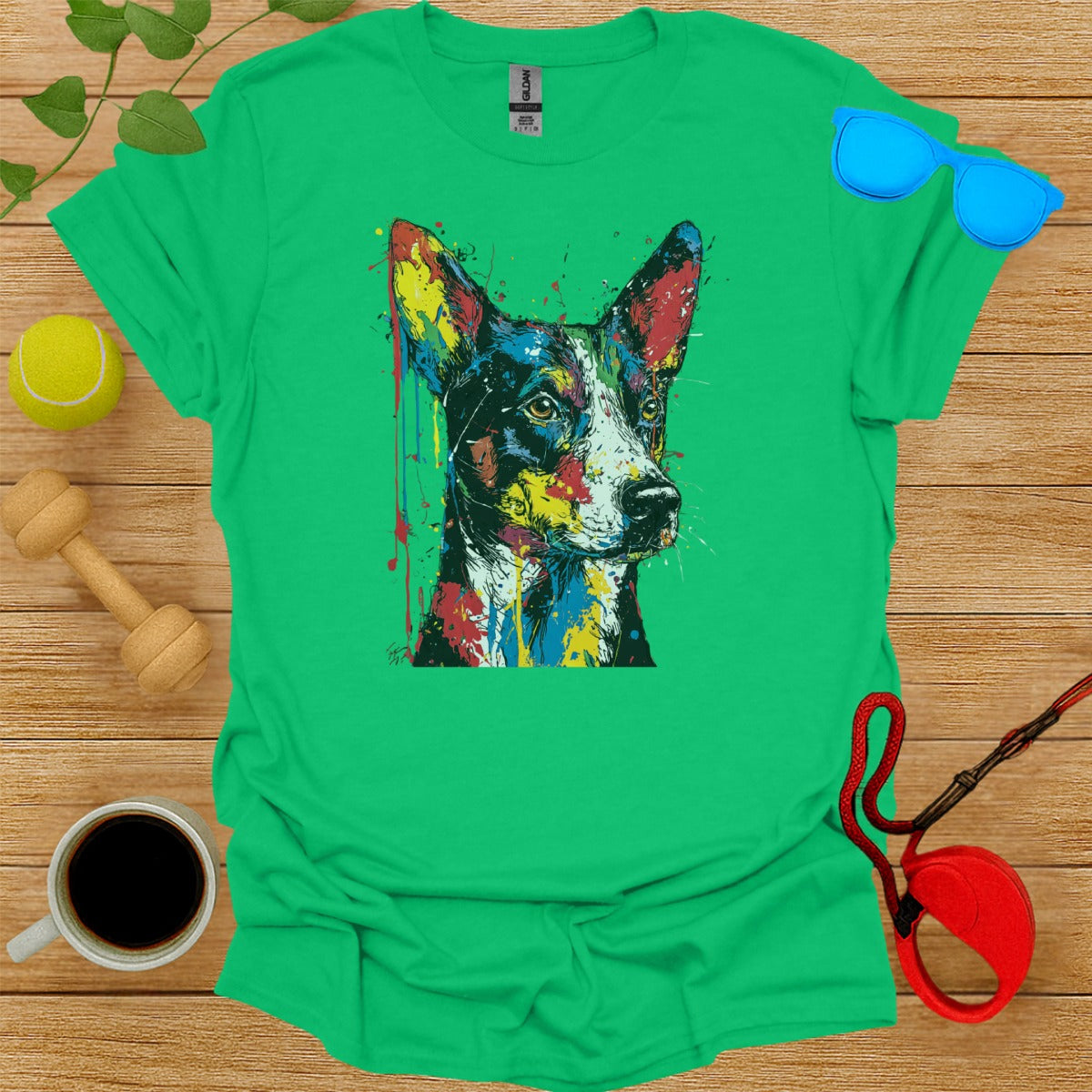 Colorful Dog Art Print on Green T-Shirt Product