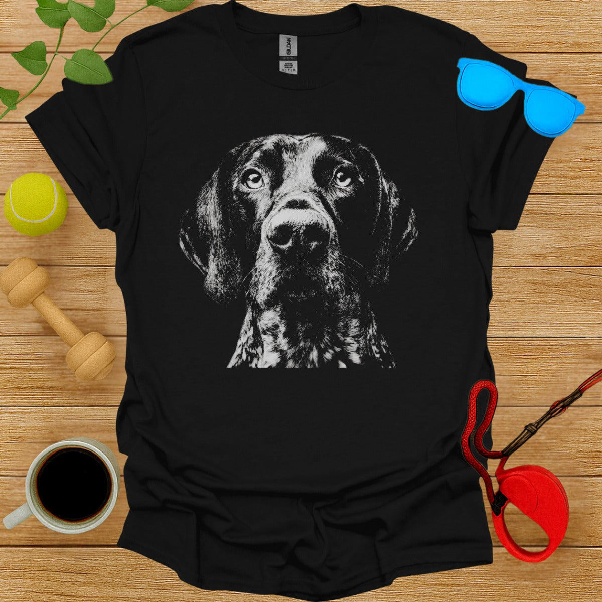 Realistic Dog Face Print on Black T-Shirt Product