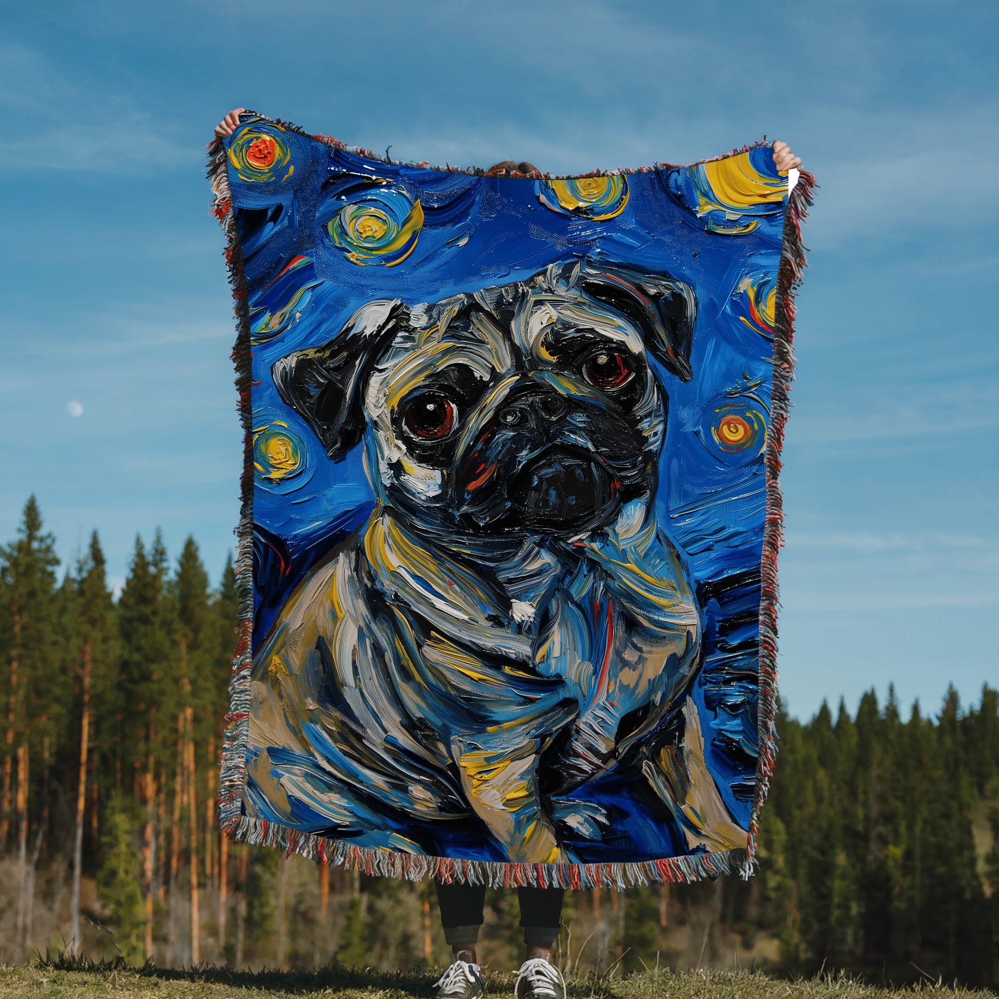 Pug Van Gogh Starry Night Woven Blanket-Critter Lane