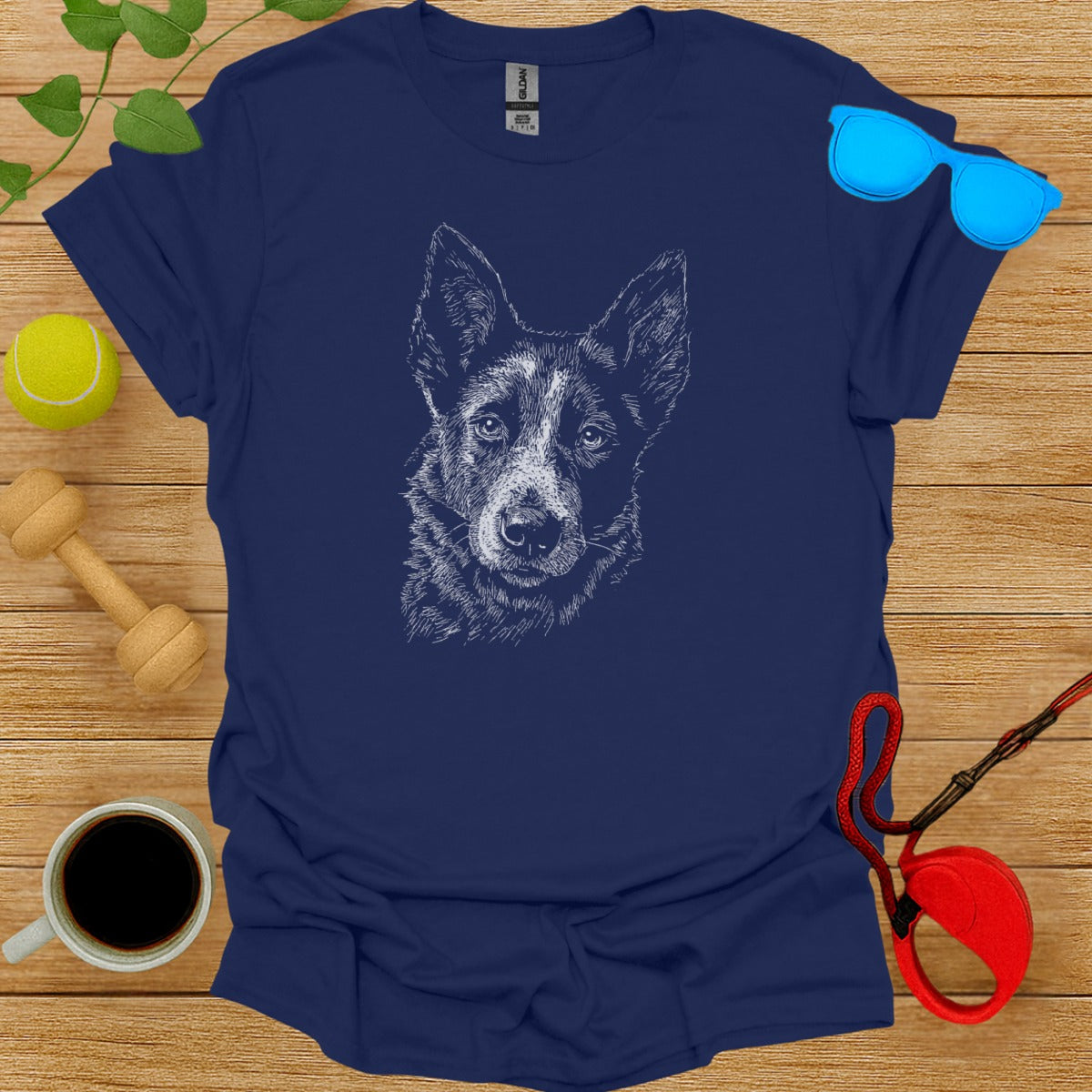 Detailed Blue Shirt with Dog Illustration Design