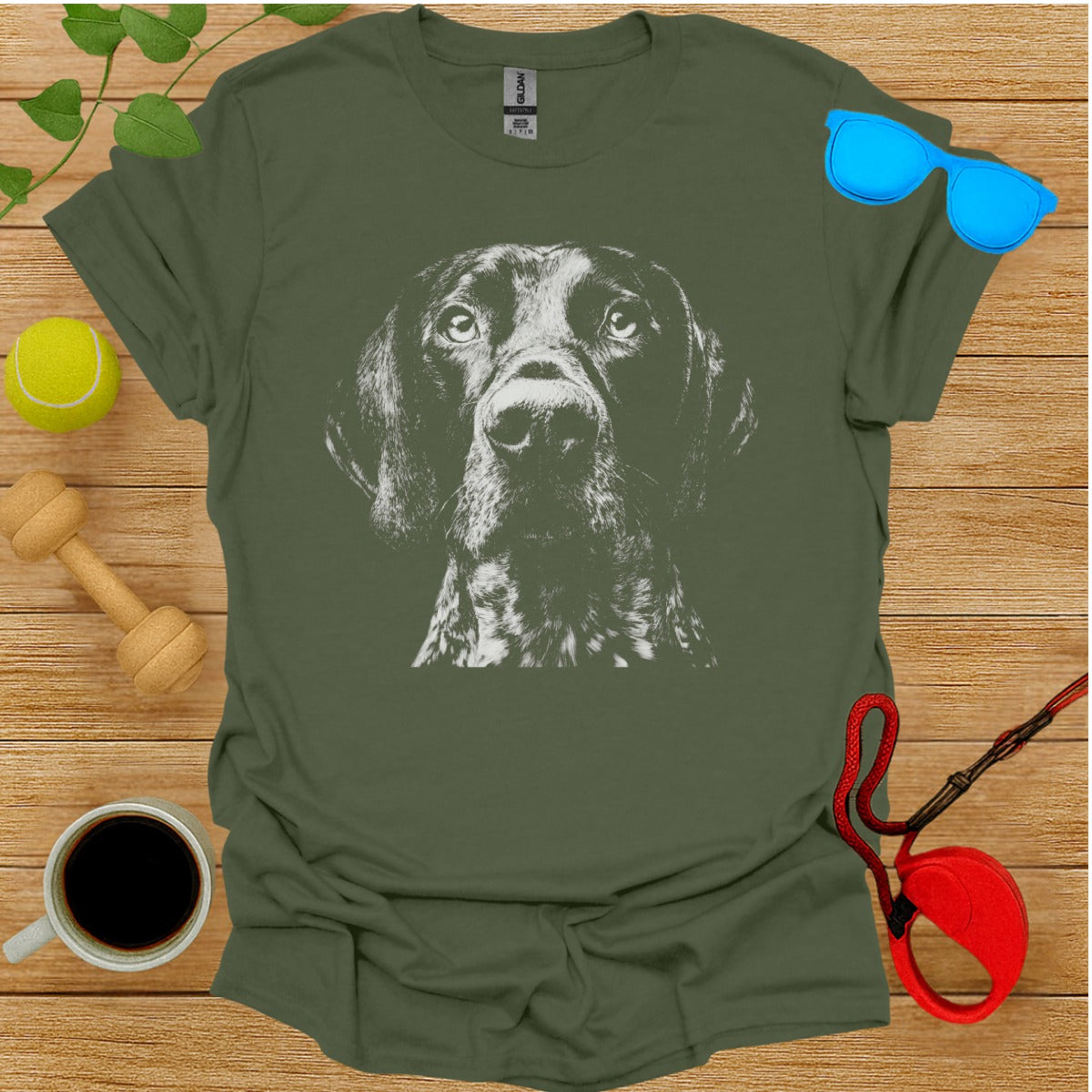 Dog Face Graphic on Olive Green T-shirt
