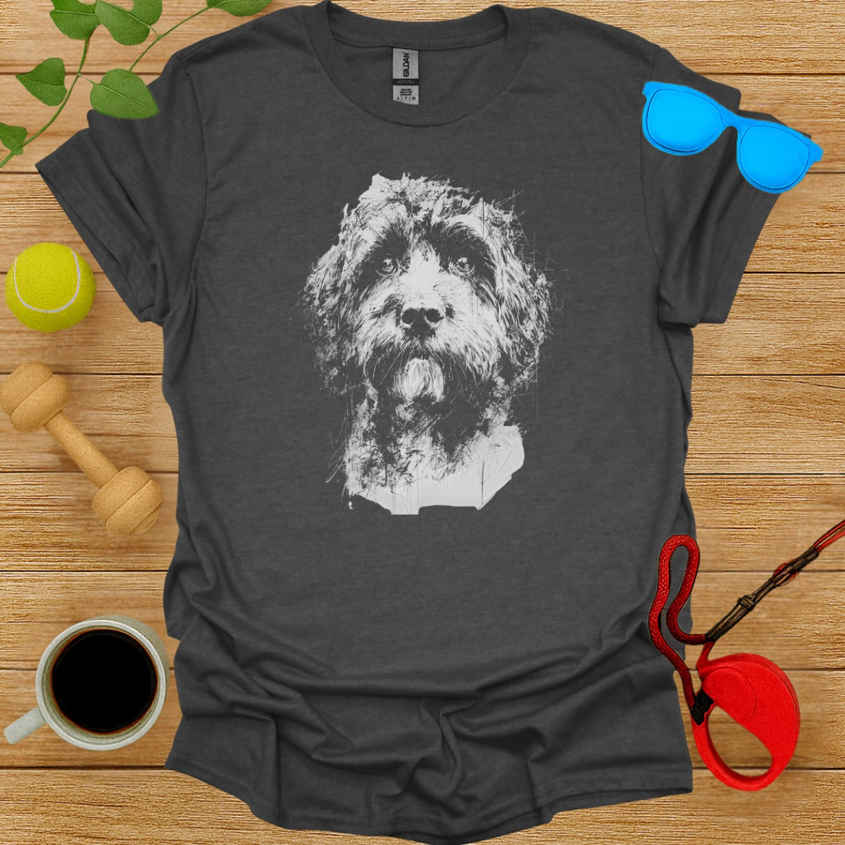 Artistic Dog Portrait Design on Dark Grey T-Shirt