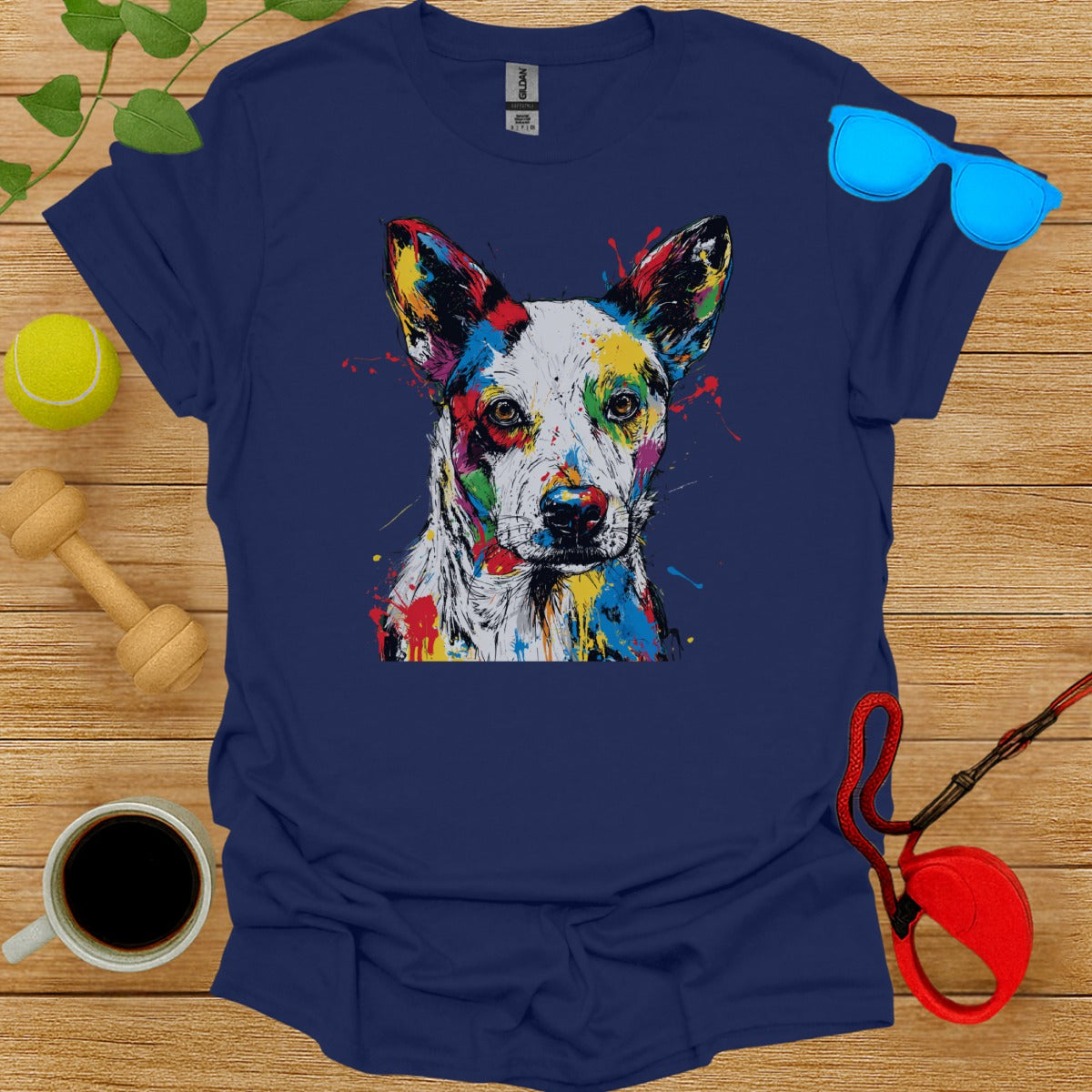 Colorful Artistic Dog Graphic on Navy Blue T-shirt