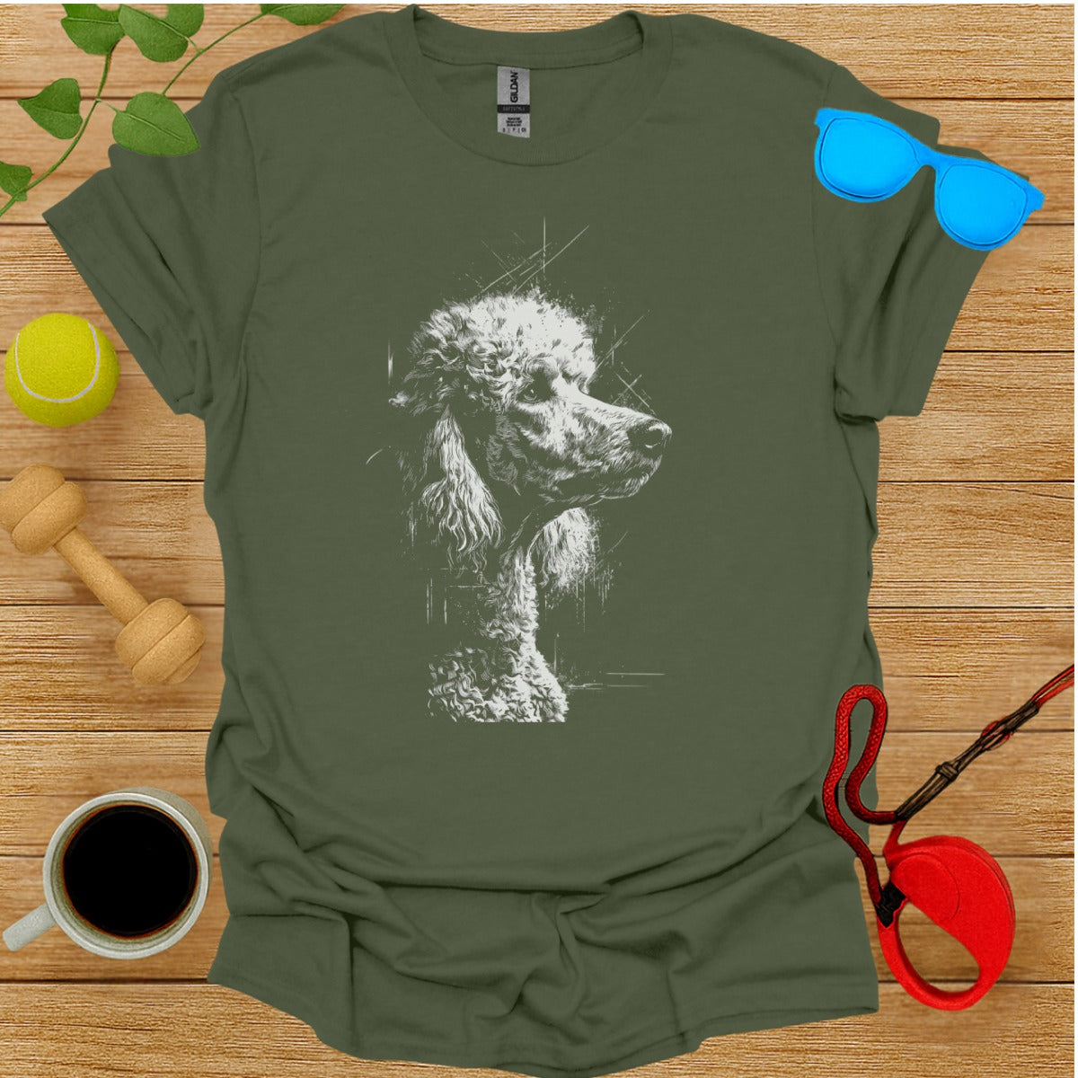 Detailed Poodle Sketch Design on Green T-Shirt