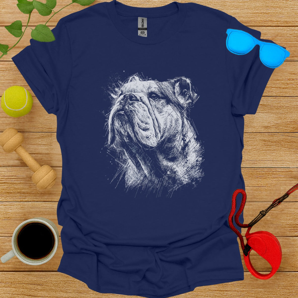 Artistic Bulldog Graphic Navy Blue T-Shirt for Dog Lovers