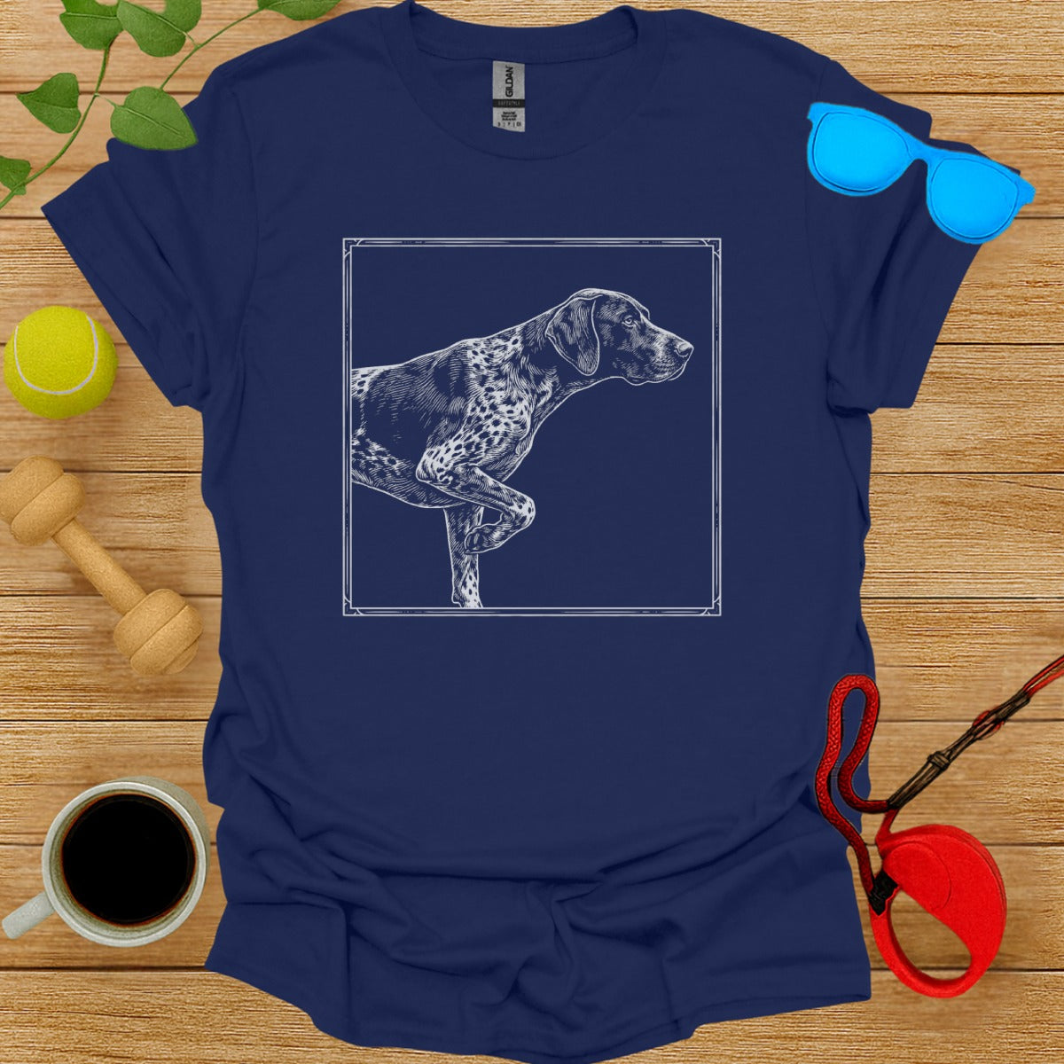 Unique Biking Dog Graphic Design on Dark Blue Shirt