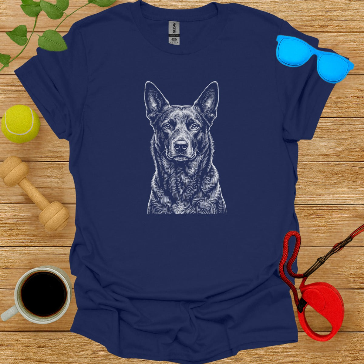 Blue T-shirt with Detailed German Shepherd Dog Drawing