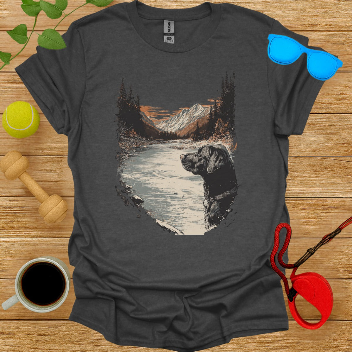 Dog Watching Mountain River Scene T-Shirt