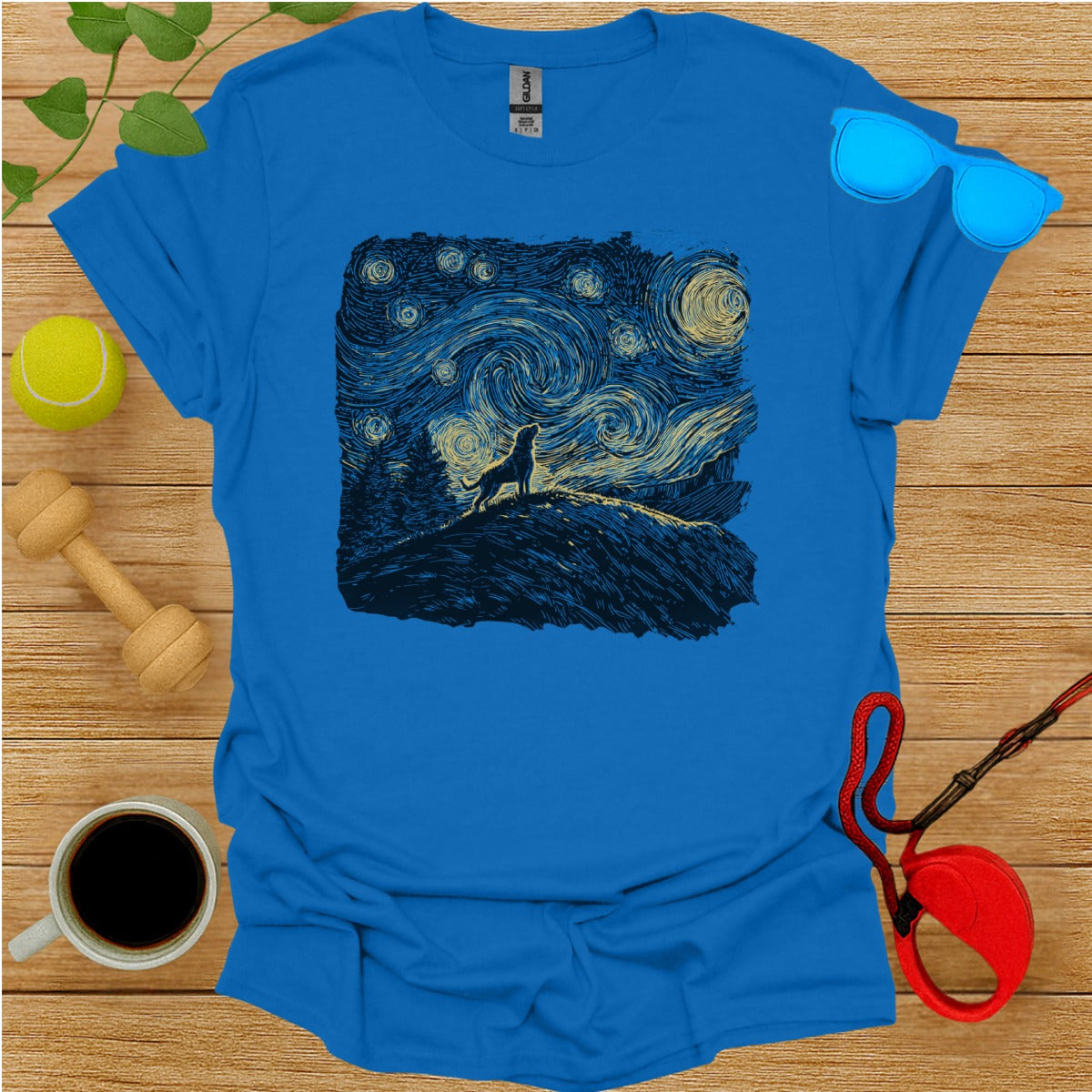 Starry Night Wolf Graphic Design Shirt