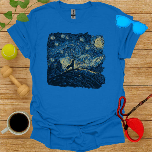 Starry Night Wolf Graphic Design Shirt
