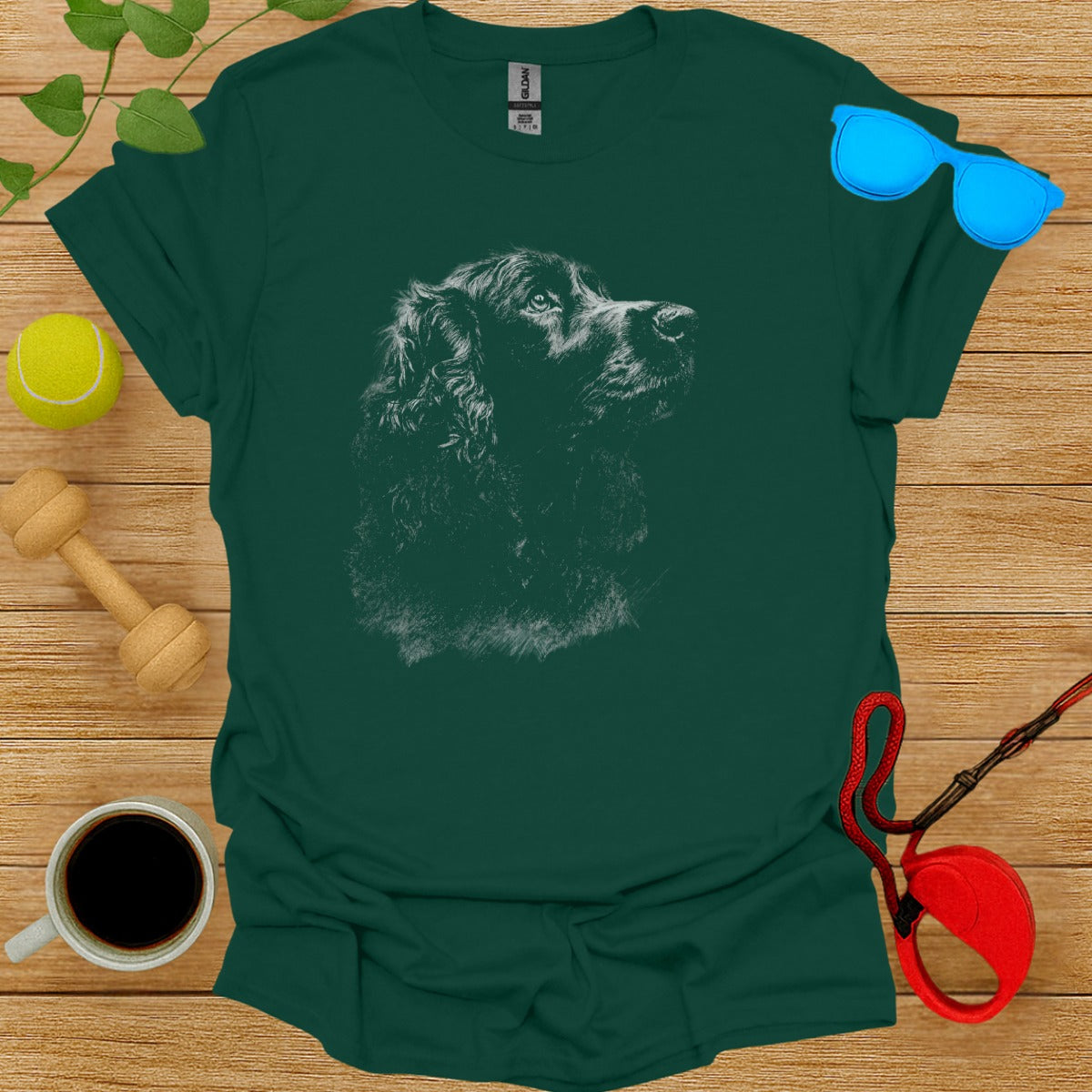 Detailed Dog Artwork on Green Shirt Vintage Style