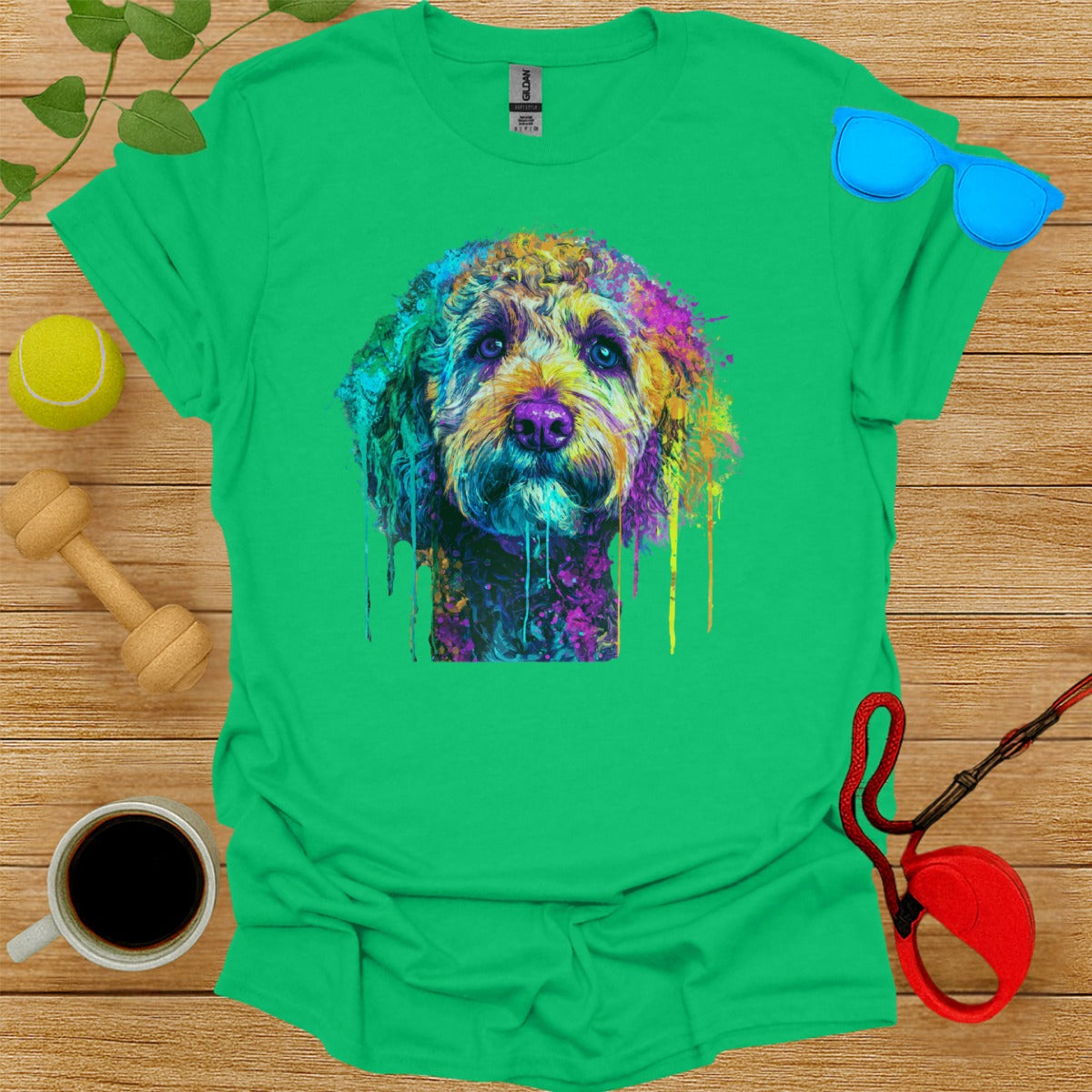 Colorful Dripping Dog Design on Green Shirt product