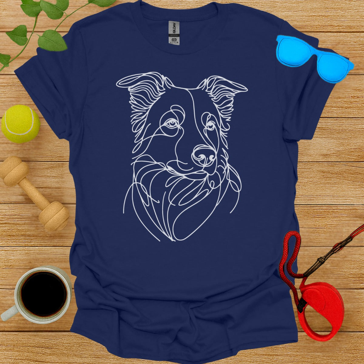 Blue Shirt with White Line Art of Dog Design
