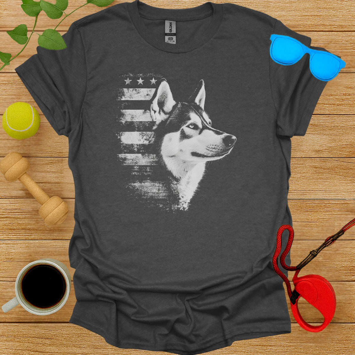 Husky Dog with American Flag Graphic T-Shirt