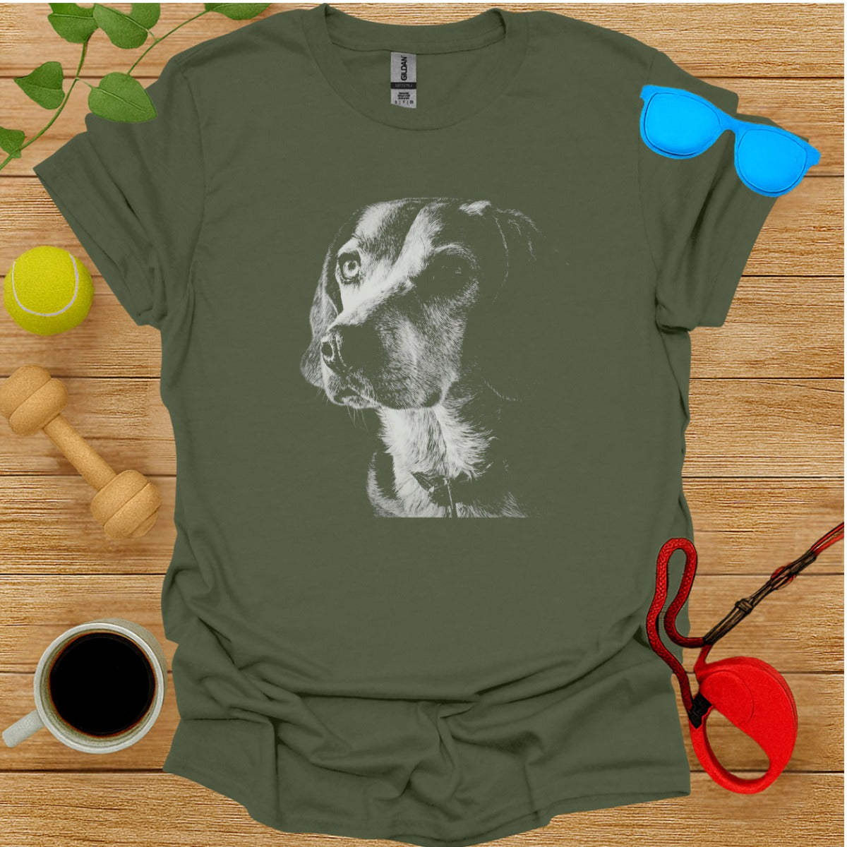 Artistic Dog Portrait on Green Short Sleeve Shirt
