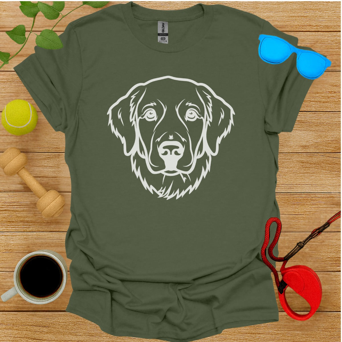 Dog Face Graphic Design Olive Green Shirt
