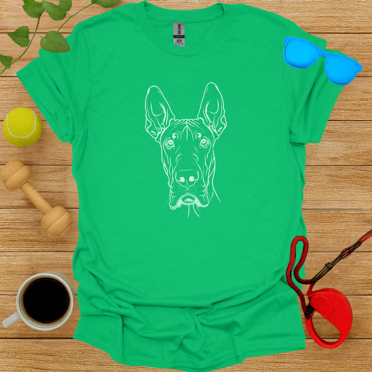 Green T-Shirt with Minimalist Dog Line Drawing Design