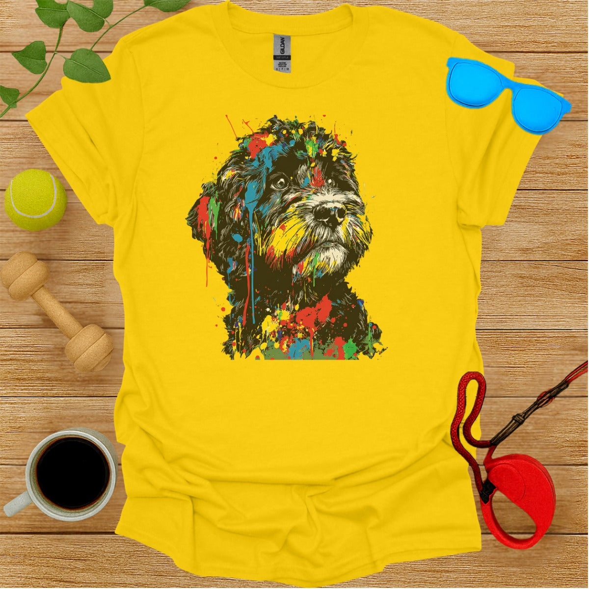 Vibrant Abstract Dog Art on Yellow T-shirt