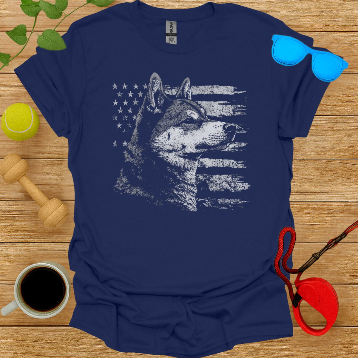 Patriotic Husky Dog with Flag Design T-Shirt