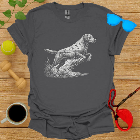 Graphic Tee with Dog and Birds Artistic Design