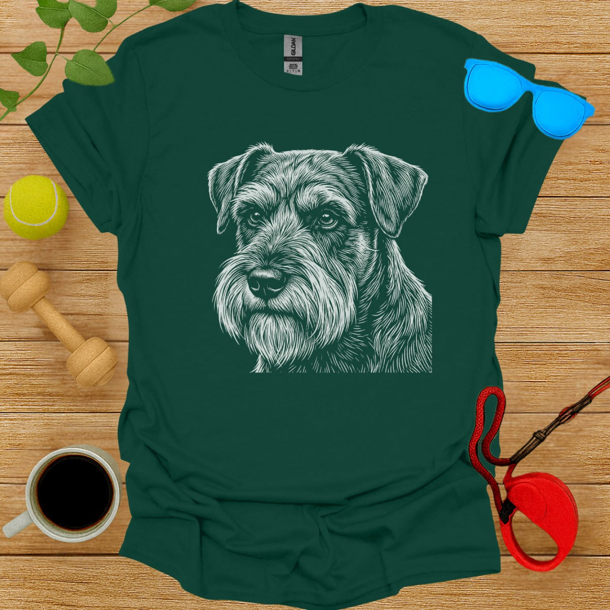 Detailed Schnauzer Graphic on Green T-Shirt Product