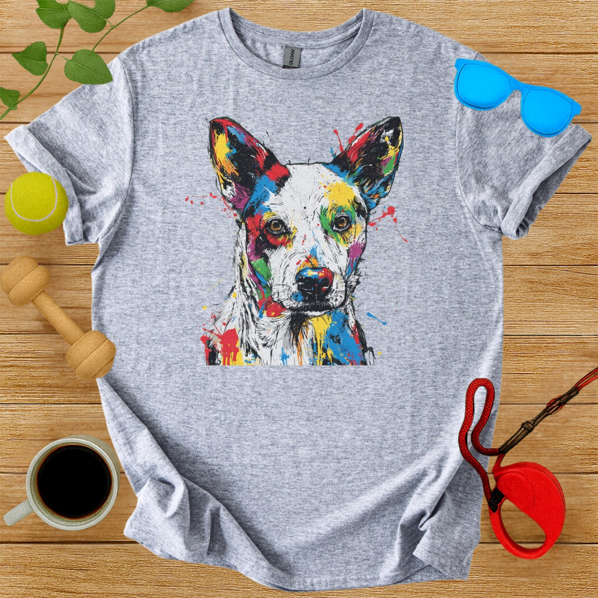 Colorful Abstract Dog Print on Gray T-shirt