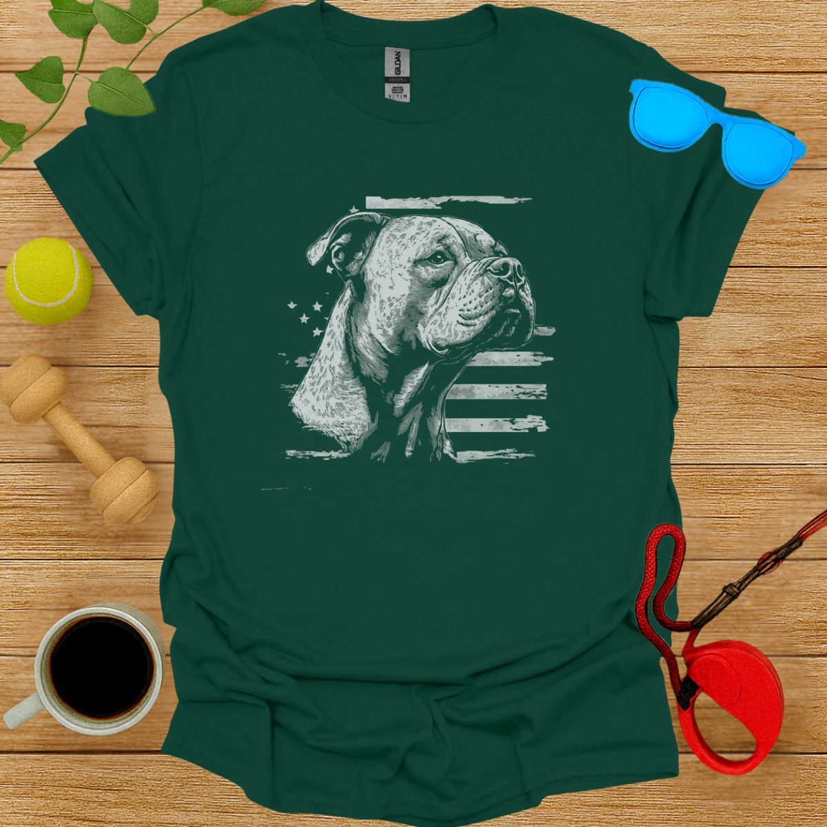 Patriotic Dog Design Graphic on Dark Green Shirt