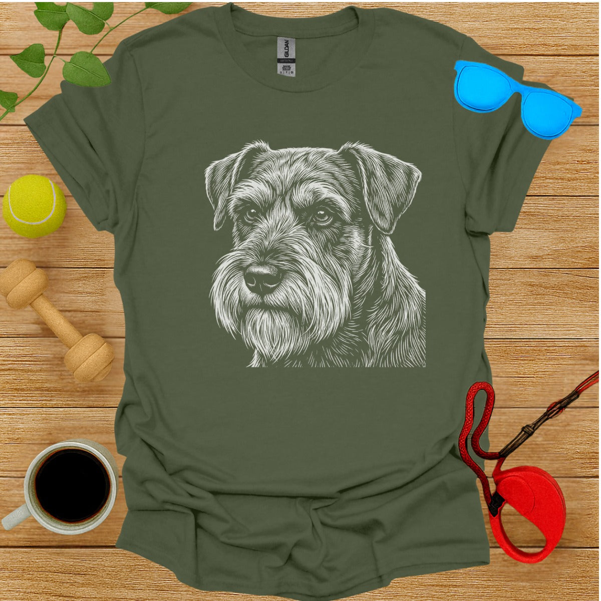 Sketch of Schnauzer Dog in Green Attire T-Shirt