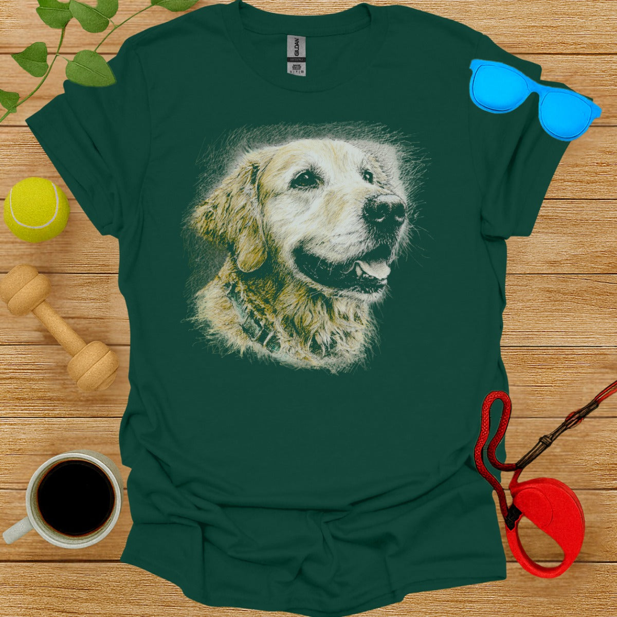Green T-shirt with Smiling Golden Retriever Design