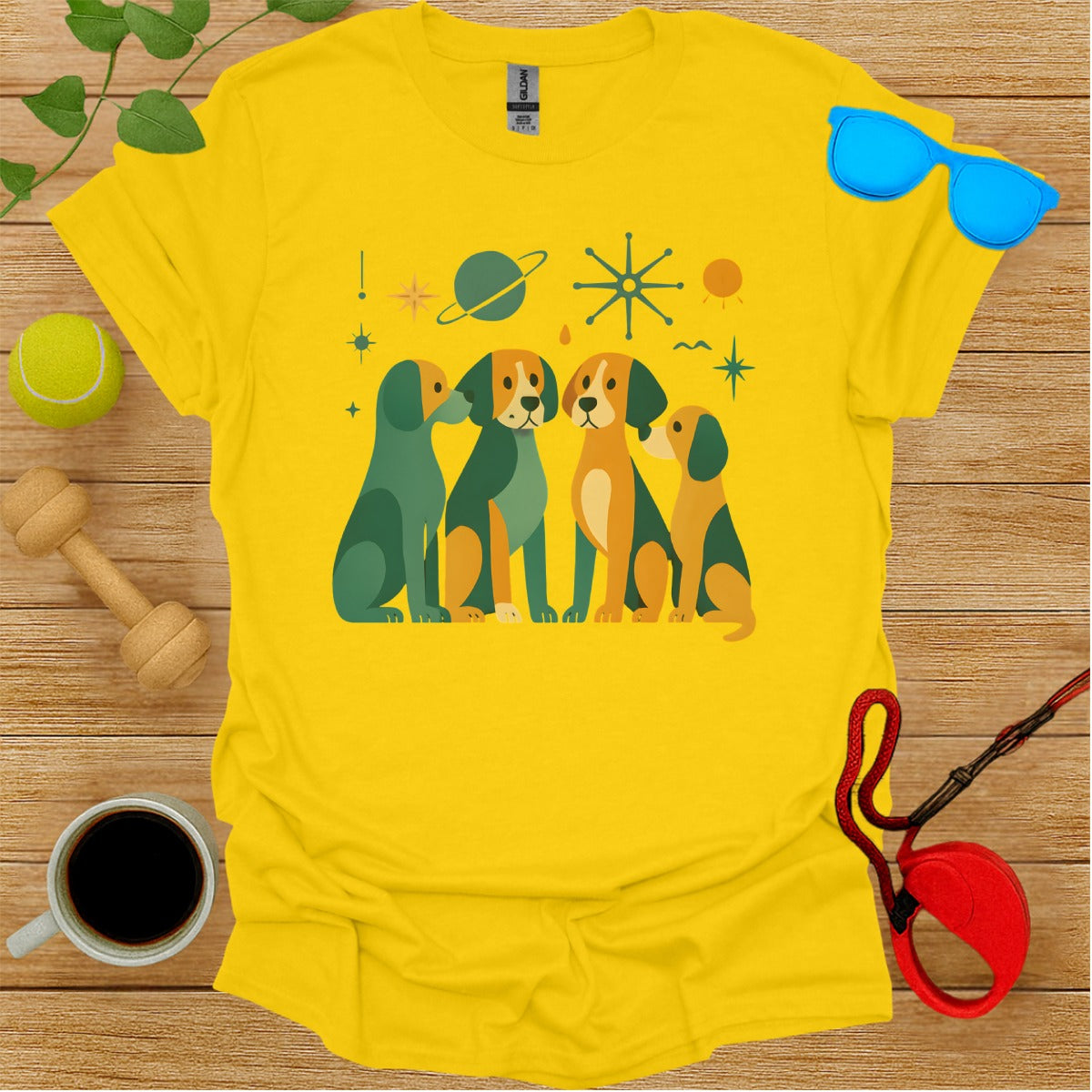 Cute Dogs Space Theme Yellow T-Shirt for Casual Outings