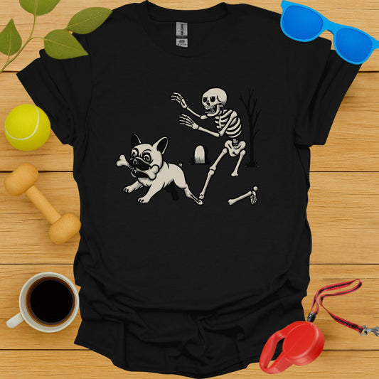 Funny Skeleton Chasing Dog Graphic Tee Shirt product