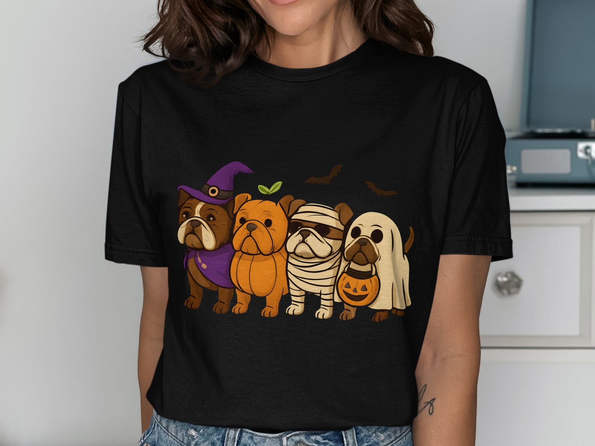 Halloween Bulldog Print Black T-shirt product type