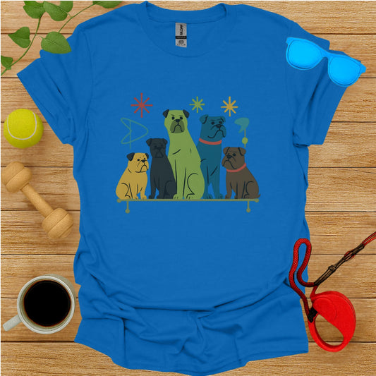 Adorable Group of Cute Pugs on Blue Shirt
