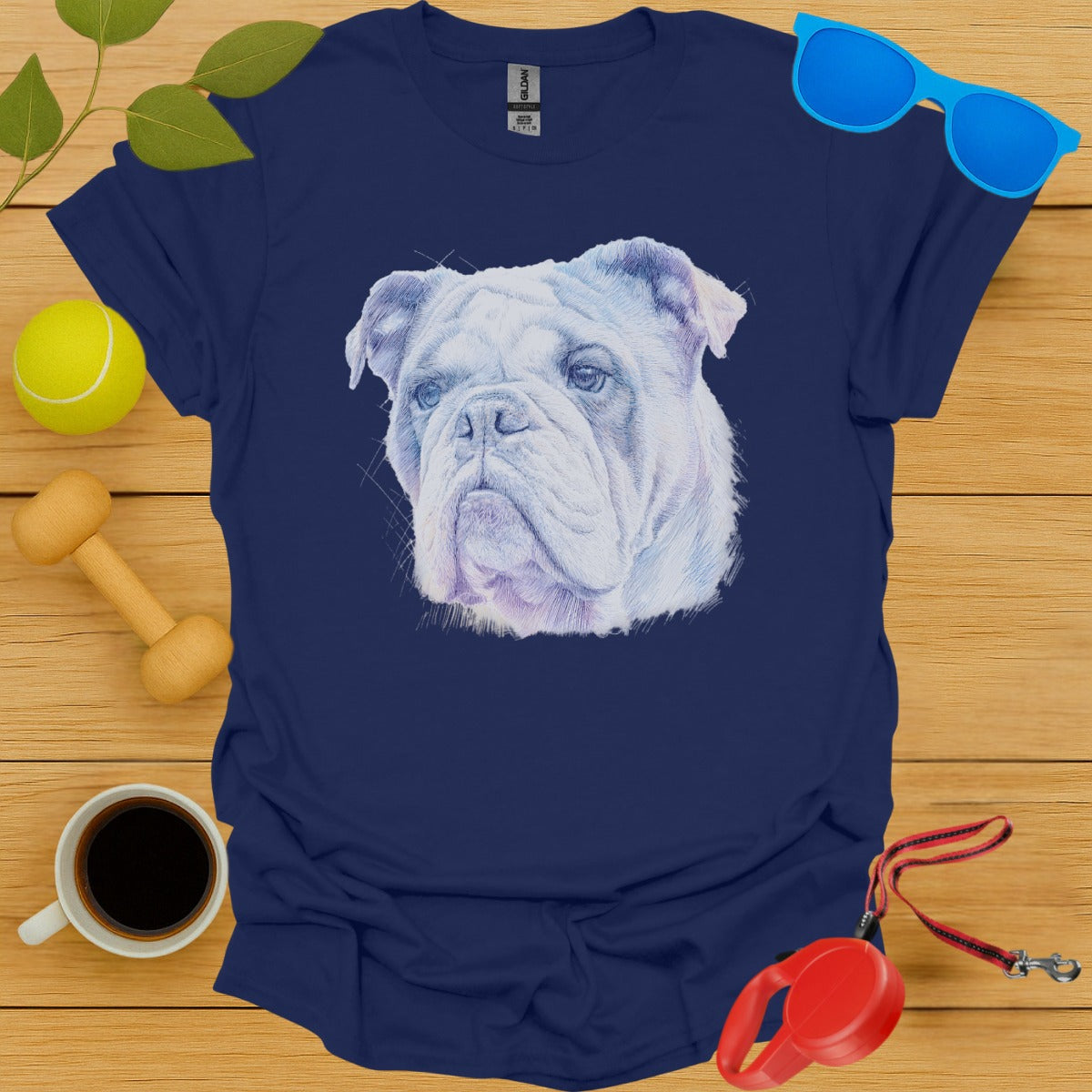Bulldog Face Art on Blue T-Shirt Product