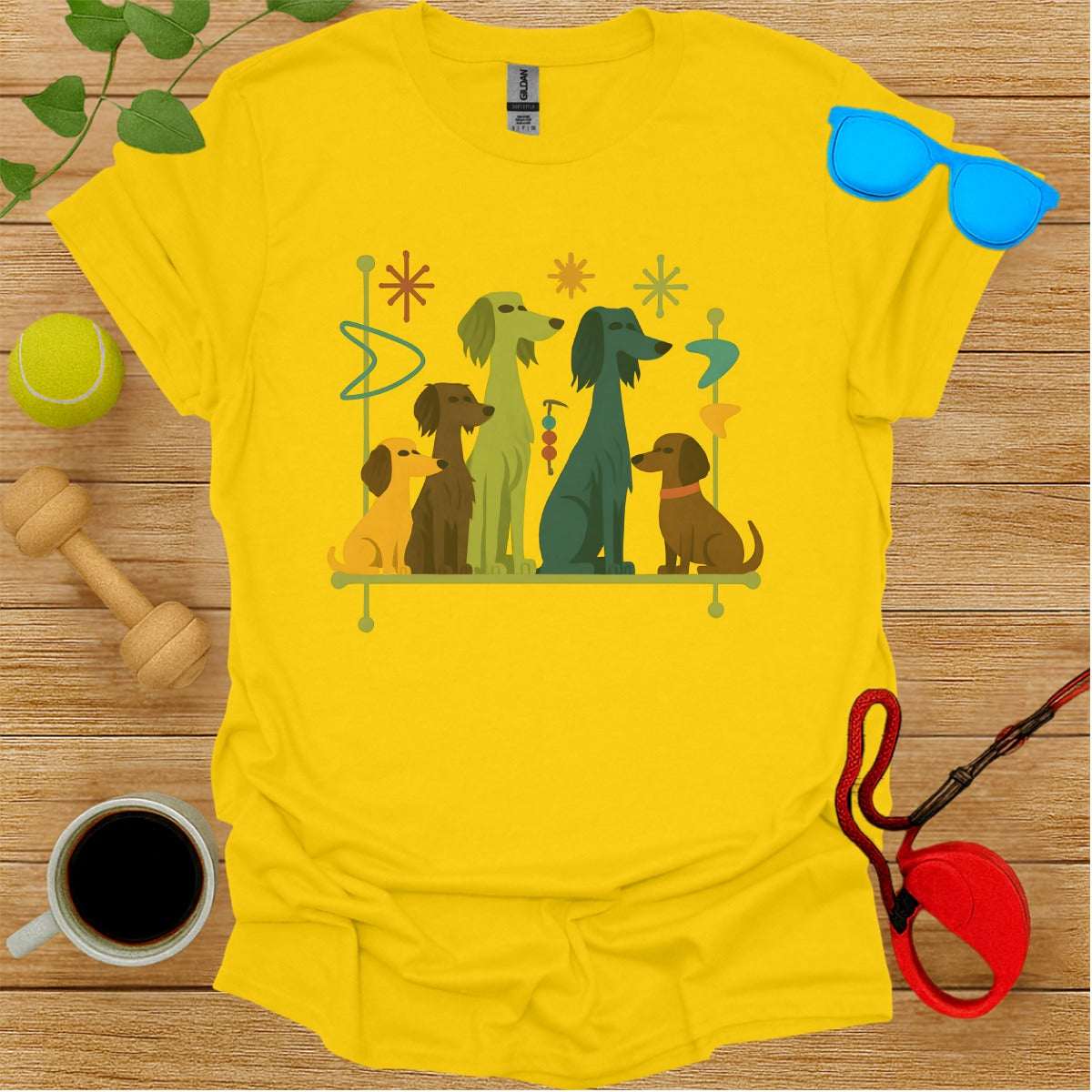 Vibrant yellow tee with dog graphic design shirt