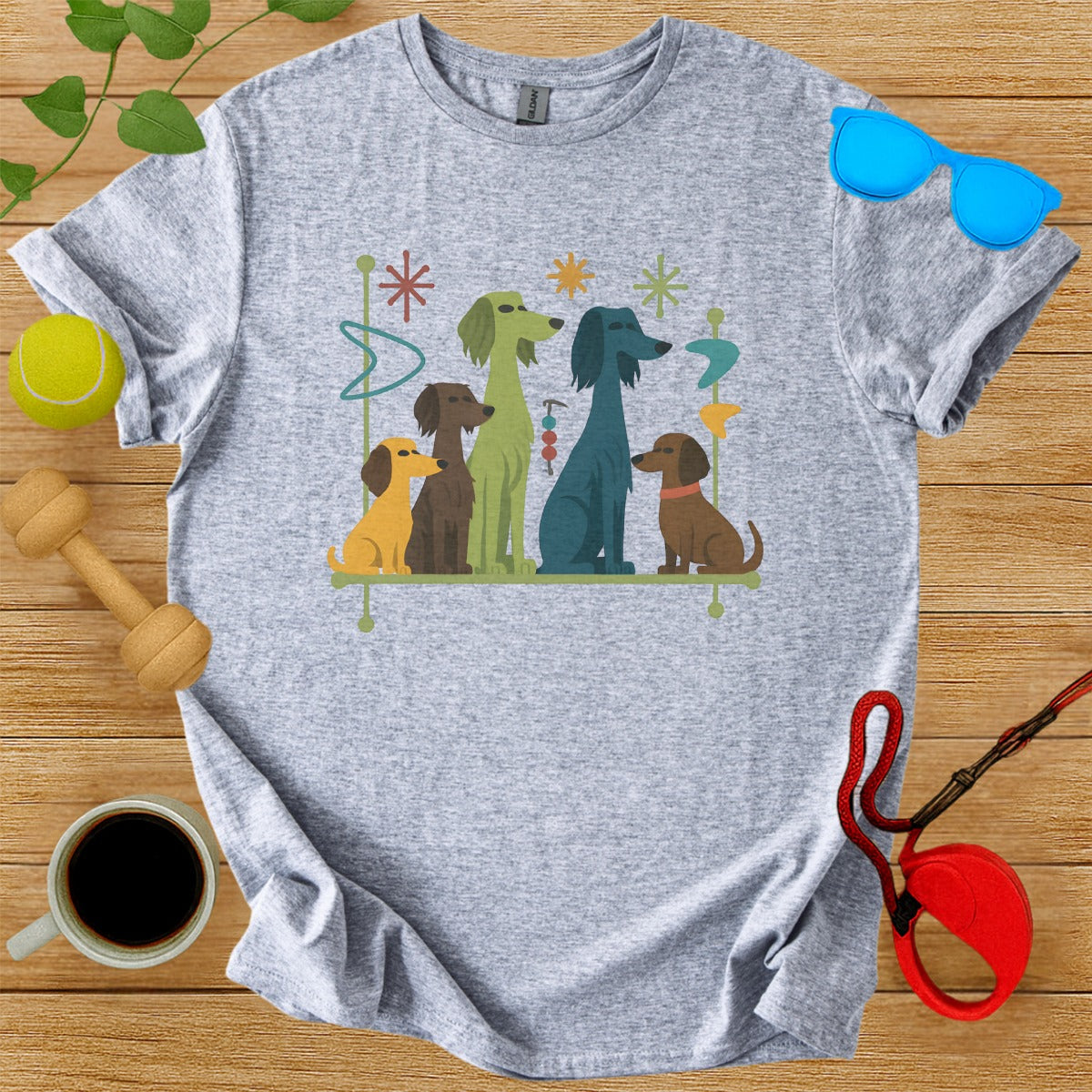Colorful dogs group grey graphic tee