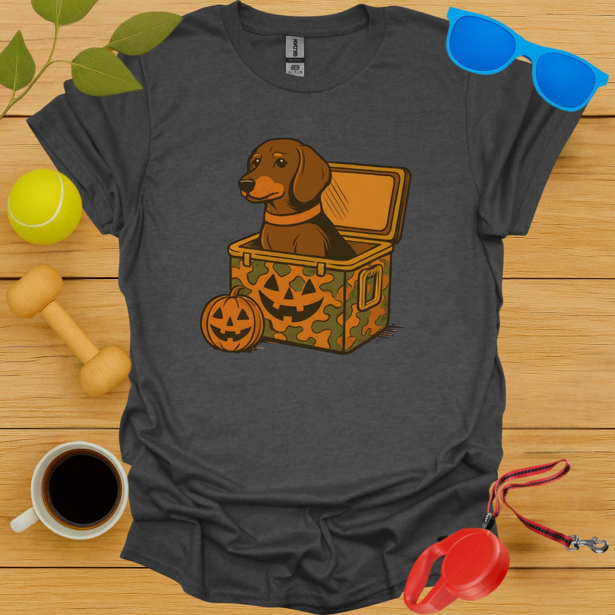 Dog in Box with Pumpkins Graphic Tee product type
