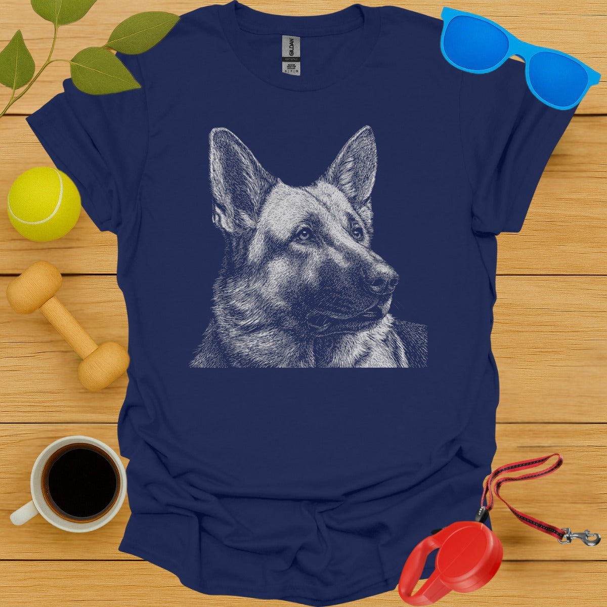 Realistic Dog Portrait on Navy Blue Background T-Shirt Product