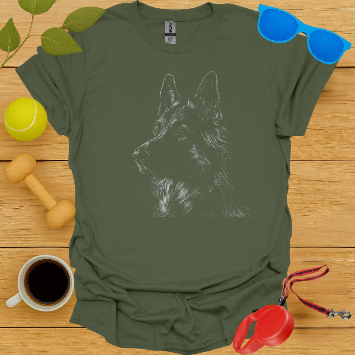 Detailed Sketch of Dog Design on Green T Shirt product
