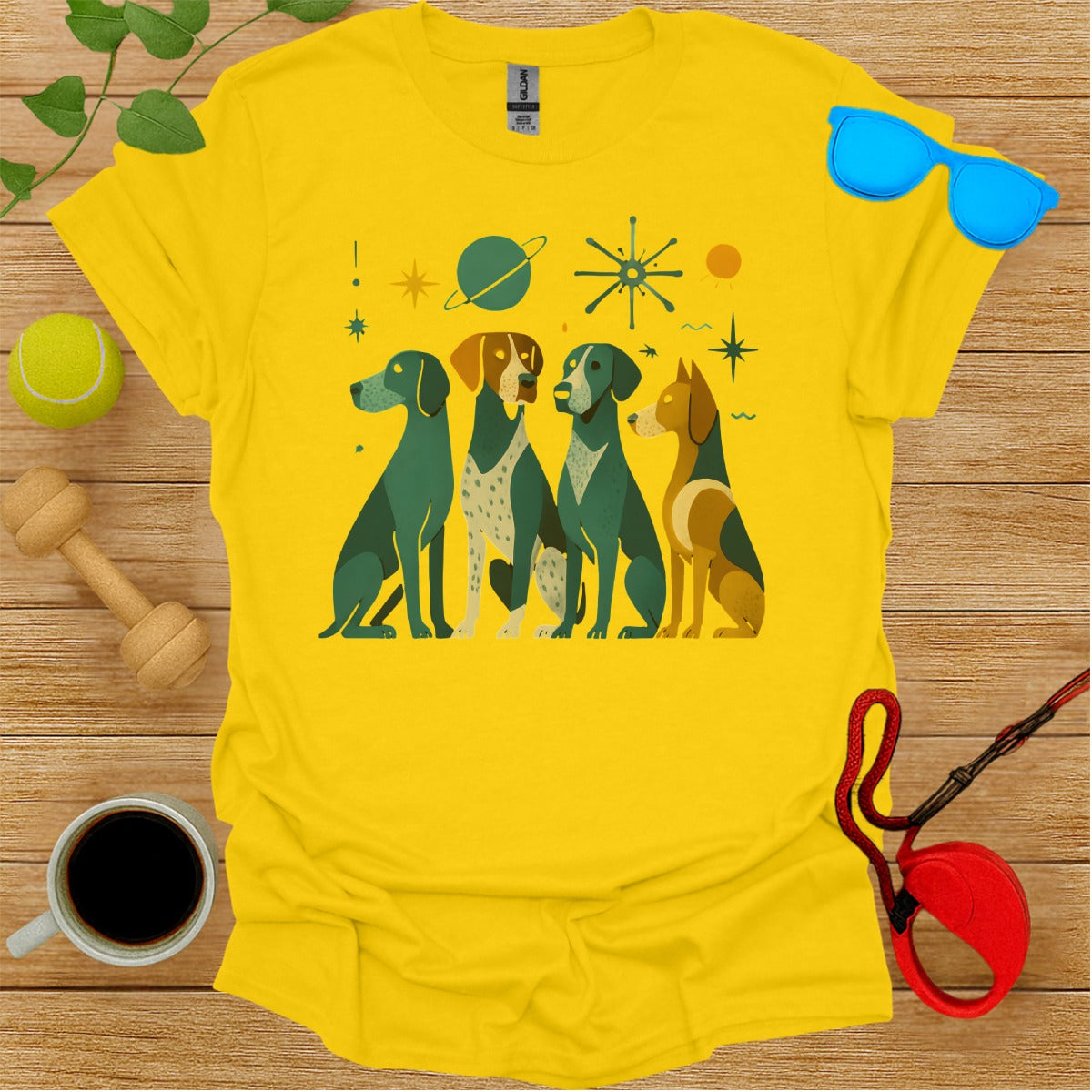 Four Dogs Retro Graphic Print on Yellow T-Shirt