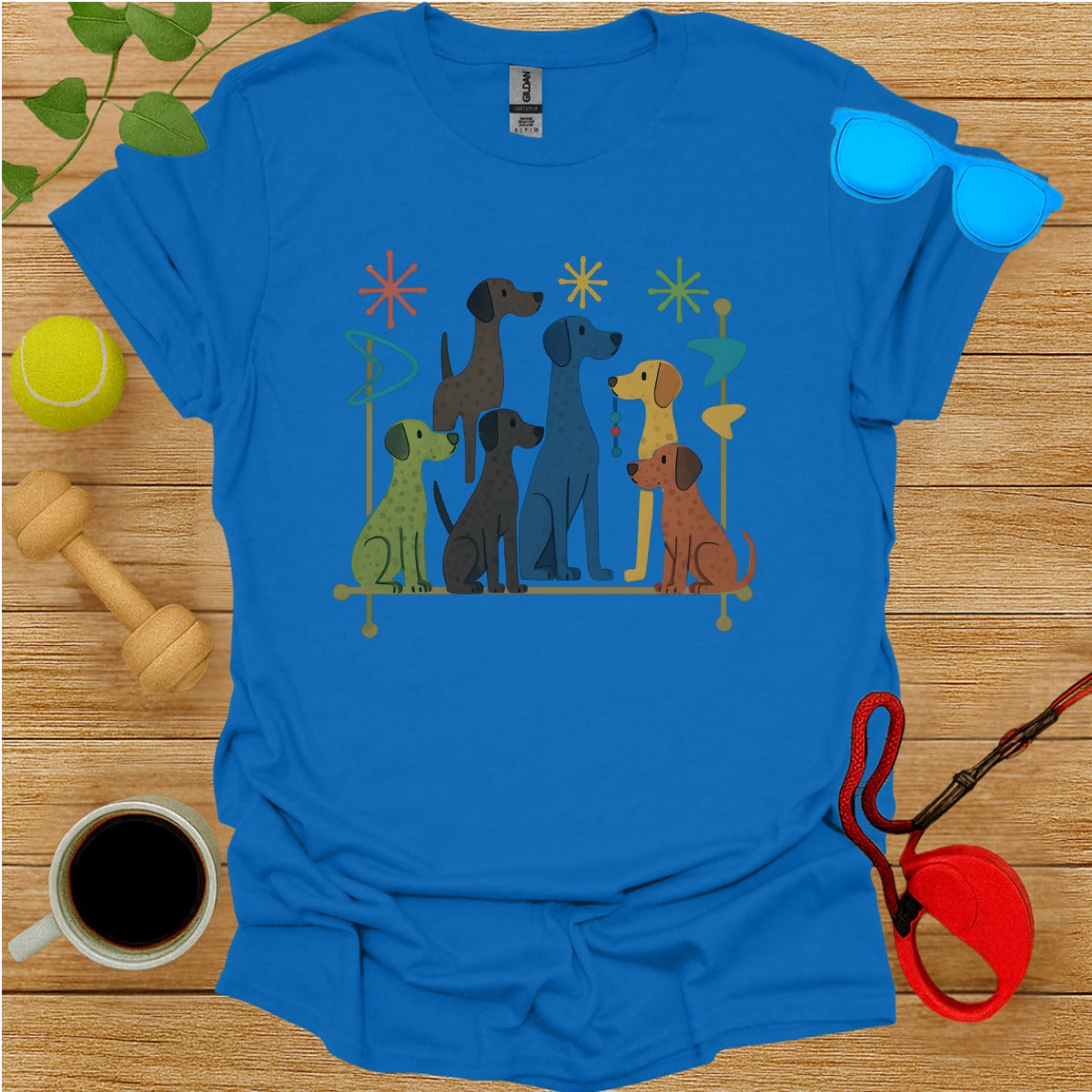 Colorful Cartoon Dogs Graphic Blue Shirt Product