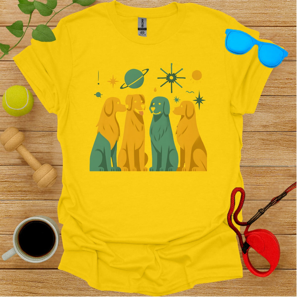 Colorful Four Dogs in Space Themed T-Shirt