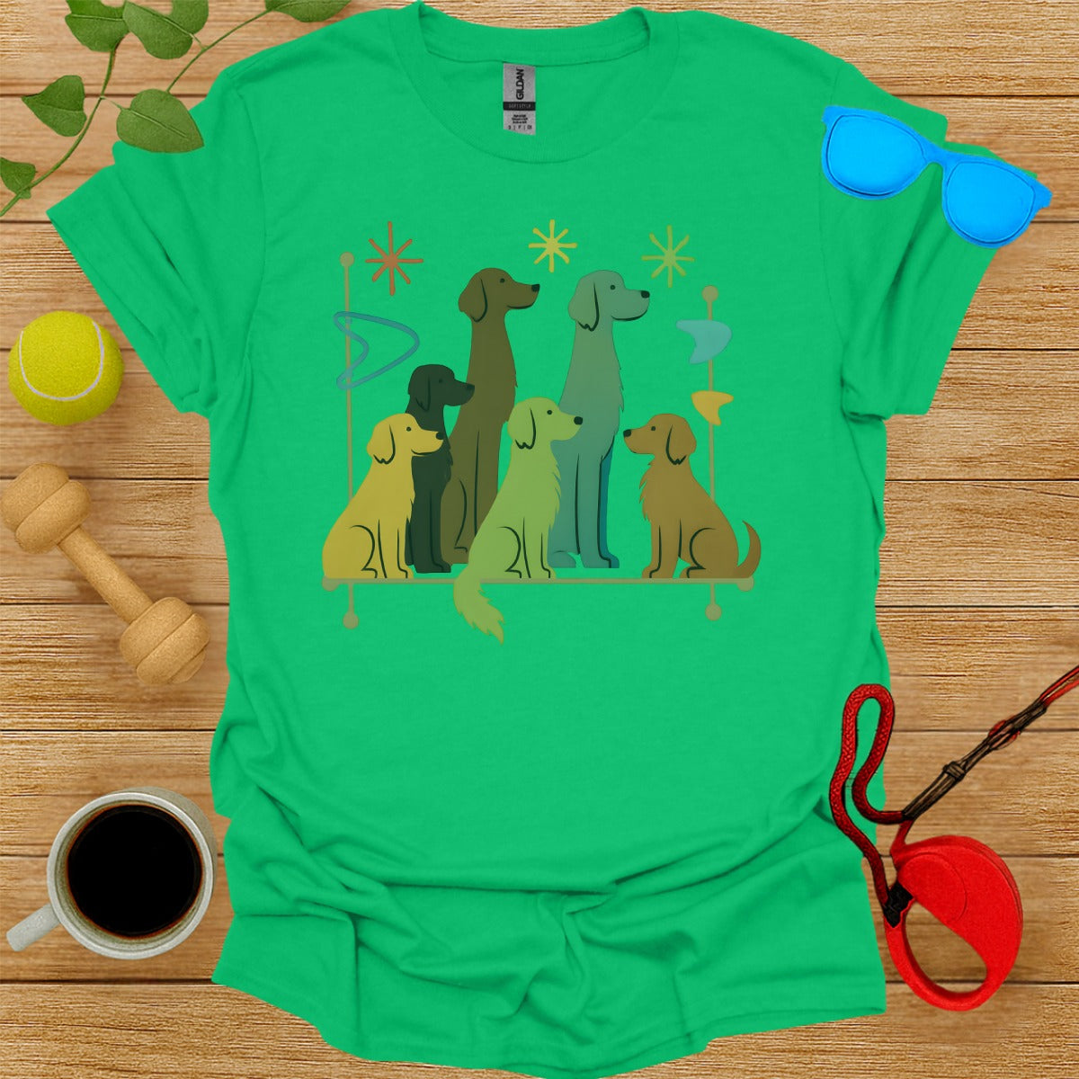 Colorful Graphic Tee with Sitting Dogs Design