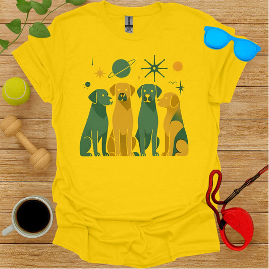 Space themed shirt featuring four colorful dogs